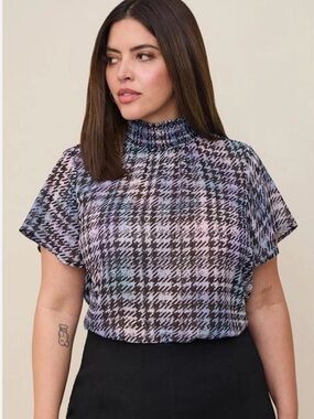 Torrid Chiffon Mock Neck Flutter Sleeve Plaid Top